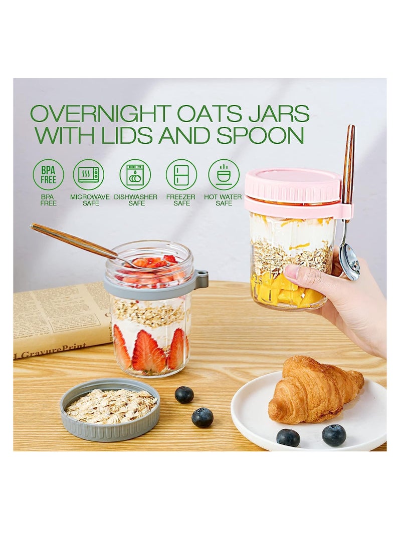 Premify - 4 Pack 350ml Overnight Oats Jars with Lids & Spoons, Reusable Glass Overnight Oats Container With Measurement Marks, Food Storage For Breakfast Pots, Oatmeal Container For Milk, Cereal, Fruit - Image 1