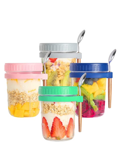 4 Pack 350ml Overnight Oats Jars with Lids & Spoons, Reusable Glass Overnight Oats Container With Measurement Marks, Food Storage For Breakfast Pots, Oatmeal Container For Milk, Cereal, Fruit