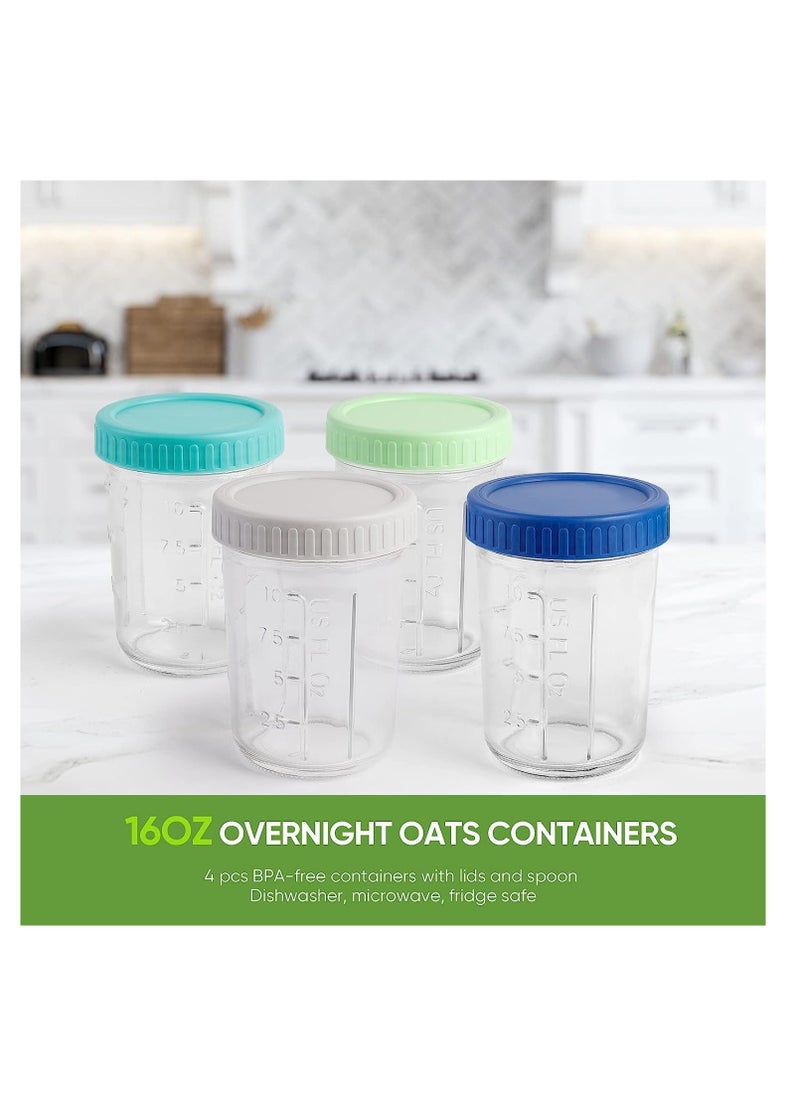 Premify - 4 Pack 350ml Overnight Oats Jars with Lids & Spoons, Reusable Glass Overnight Oats Container With Measurement Marks, Food Storage For Breakfast Pots, Oatmeal Container For Milk, Cereal, Fruit - Image 1