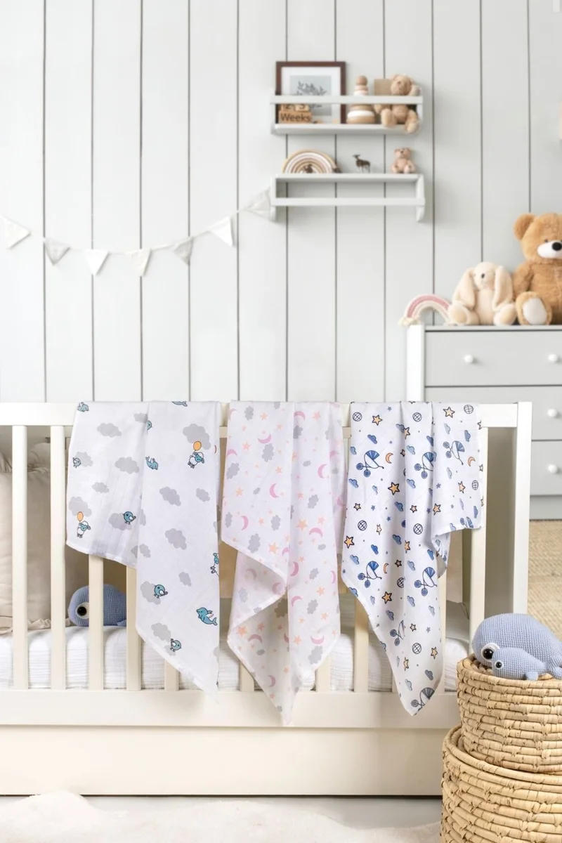 EIFIN Cotton Multi-Purpose Muslin Blanket 3-Piece Printed Set 80X75 cm