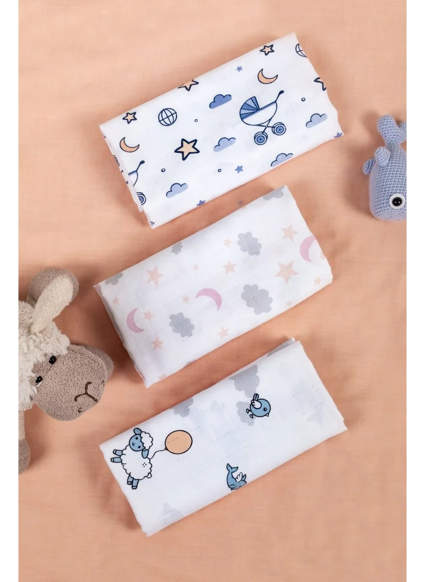 EIFIN Cotton Multi-Purpose Muslin Blanket 3-Piece Printed Set 80X75 cm