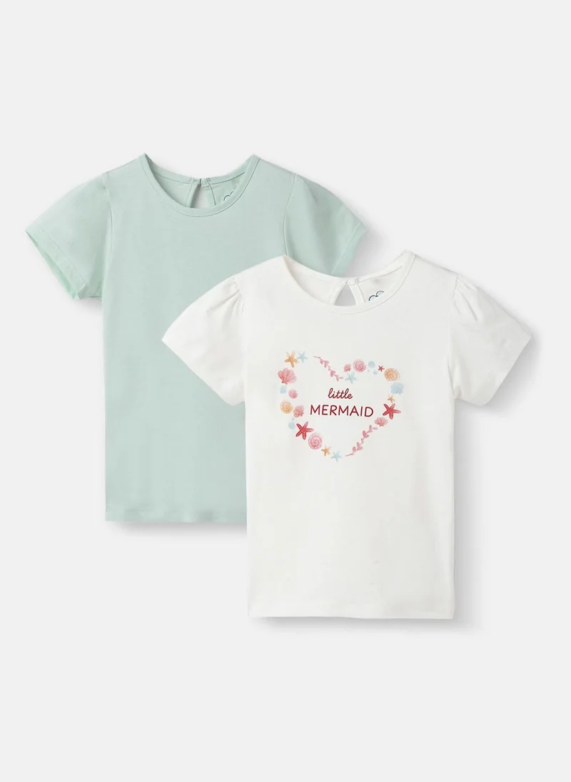 Nautinati Nautinati Girls' Pack of 2 Cotton Graphic Printed & Solid Gathered Sleeves T-shirts