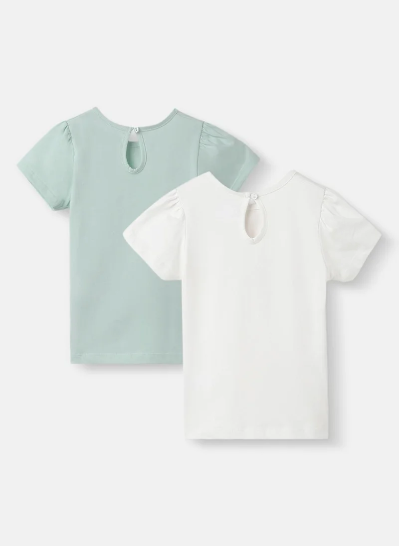 Nautinati Nautinati Girls' Pack of 2 Cotton Graphic Printed & Solid Gathered Sleeves T-shirts