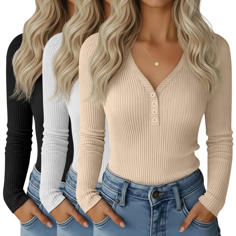 Huukeay قمصان هينلي ذات الأكمام الطويلة للنساء من هوكاي 3 عبوات، بلوزة قميص ضيق بتصميم رقبة على شكل حرف V (أسود، أبيض، كاكي، XL) - Image 1