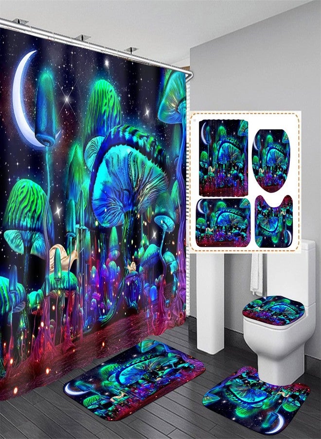 jieprom 4PCS Mushroom Bathroom Shower Curtain Set with Rugs, Toilet Lid Cover and Bath Mat, Moon and Stars with 12 Hooks, Durable Bathroom Decor Set - Image 1