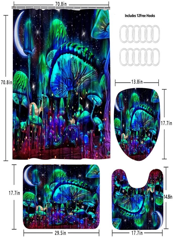 jieprom 4PCS Mushroom Bathroom Shower Curtain Set with Rugs, Toilet Lid Cover and Bath Mat, Moon and Stars with 12 Hooks, Durable Bathroom Decor Set - Image 5