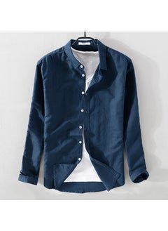 Generic Lightweight Cotton Linen Shirt Men Casual Loose Short Sleeve Long Sleeve Shirt Jacket Top White Summer Spring Seasonal Clothing navy blue long sleeve 