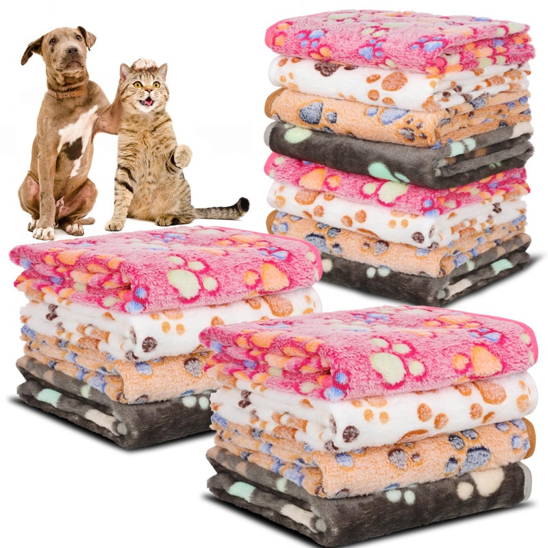 Retainbre 12 Pcs Small Dog Blanket Fleece Puppy Blankets Washable Pet Blankets for Cats Soft Flannel Paw Printed Throw for Guinea Pig Indoor Kittens Doggie (23 X 16 Inch, White, Dark Gray, Pink, Camel) - Image 1