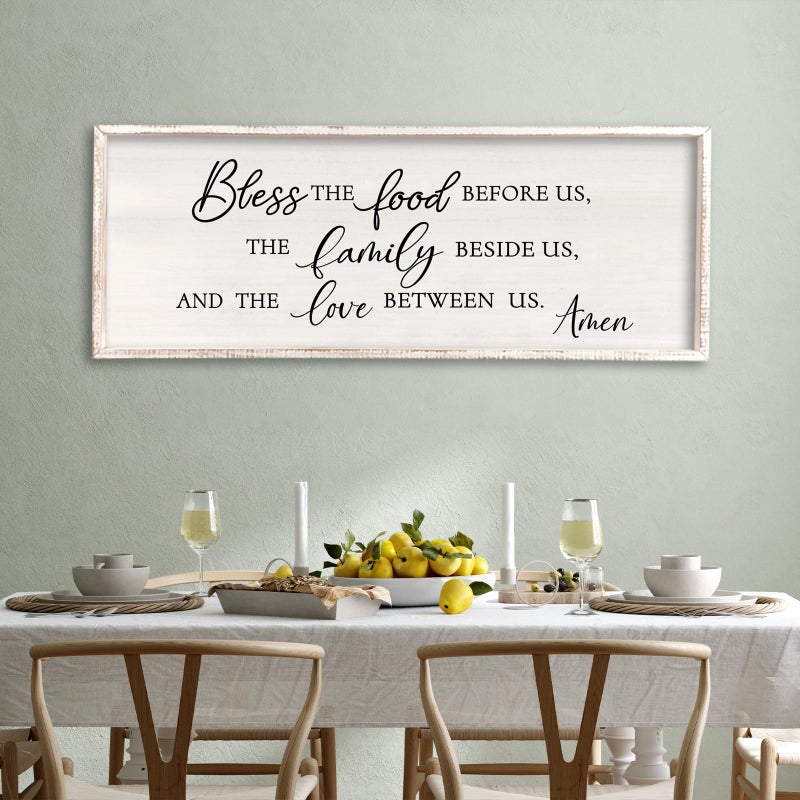 Surfapans Bless the Food Before Us Sign Wall Decor 32"x12" Dining Room Kitchen Home Framed Wood Wall Art (Black) - Image 1
