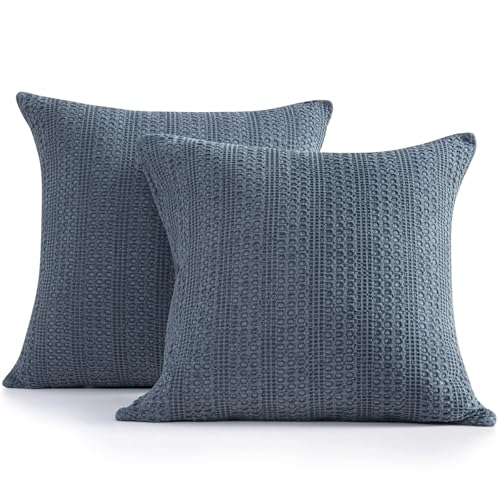 COCOPLOCEUS 18x18 Throw Pillow Covers Set of 2 Boho Decorative Pillow Shams Stone Washed Cotton Pillowcase Waffle Square for Couch Sofa Chair Bed Car Blue Grey
