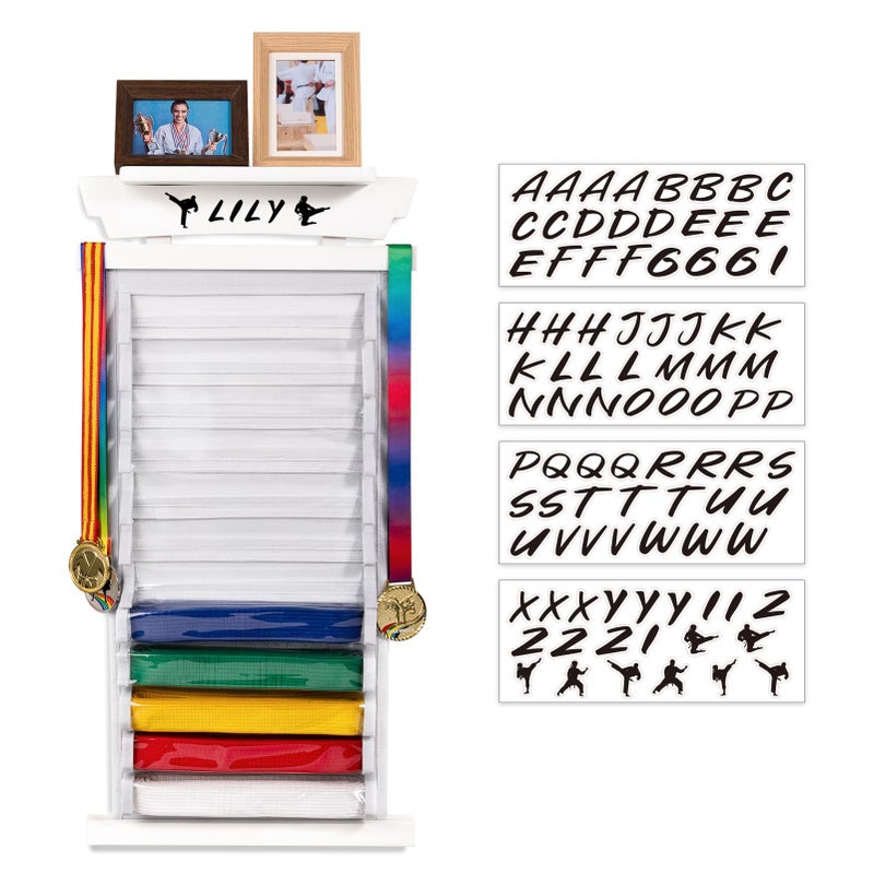 Tilhumt Tilhumt 12 Belts Karate Belt Display Rack with Sticker Felt Martial Arts Belts Display Holder with Dust Cover Easily Insert and Remove Belt Taekwondo Belt Organizer for Adults White 