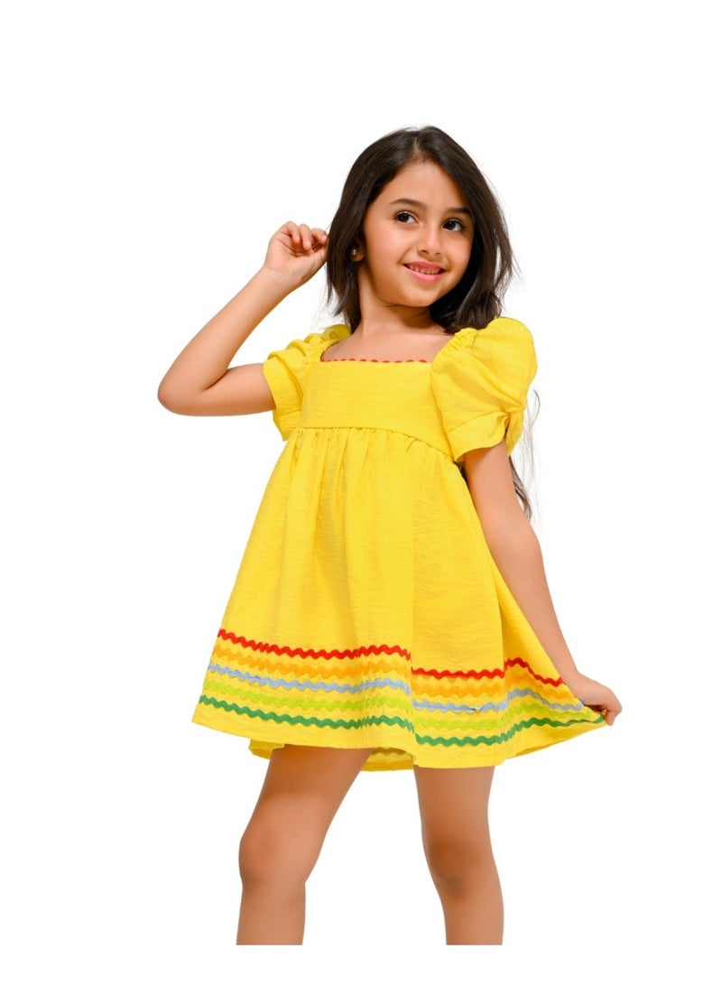 Zig  Cotton Dress with Puffy Short Sleeves and Colorful Wavy Trims - Image 1