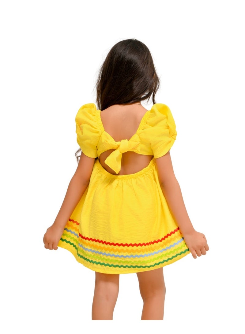 Zig  Cotton Dress with Puffy Short Sleeves and Colorful Wavy Trims - Image 2