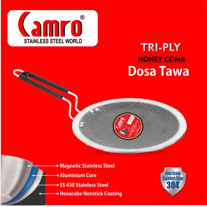 Camro Tawa for Roti | Steel Triply Honeycomb Tawa 26cm | Induction Base Roti Tava Non Stick | Perma-Cool Handles | Base & Induction Compatible | Metal Spoon Friendly | Sturdy Handles - Image 5