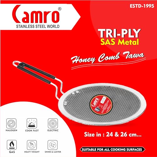 Camro Tawa for Roti | Steel Triply Honeycomb Tawa 26cm | Induction Base Roti Tava Non Stick | Perma-Cool Handles | Base & Induction Compatible | Metal Spoon Friendly | Sturdy Handles - Image 3