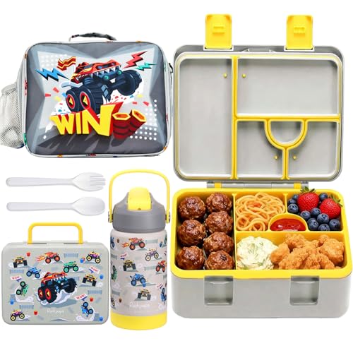 rockpapa Kids Lunch Box Set with 14oz Insulated Water Bottle & Lunch Bag, Leakproof 5.5 Cups Bento Box for School & Children, BPA-Free, Microwave Safe for Boys Girls (Grey Trucks) - Image 1