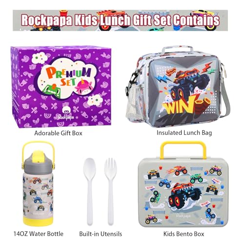 rockpapa Kids Lunch Box Set with 14oz Insulated Water Bottle & Lunch Bag, Leakproof 5.5 Cups Bento Box for School & Children, BPA-Free, Microwave Safe for Boys Girls (Grey Trucks) - Image 2
