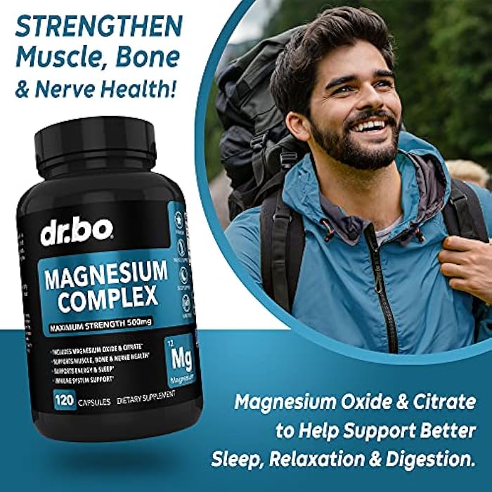 dr.bo Magnesium Complex Supplement Capsules 500mg - Support Energy, Relaxation, Leg Cramps & Legs - Help Aid Muscle Support Supplements - High Absorption Premium Mag Citrate Oxide - 120 Capsules - Image 3