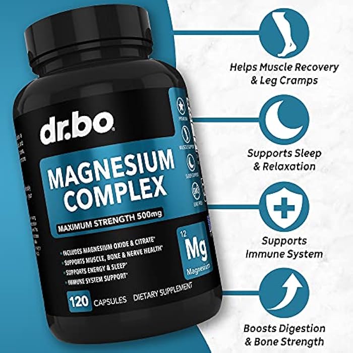 dr.bo Magnesium Complex Supplement Capsules 500mg - Support Energy, Relaxation, Leg Cramps & Legs - Help Aid Muscle Support Supplements - High Absorption Premium Mag Citrate Oxide - 120 Capsules - Image 2