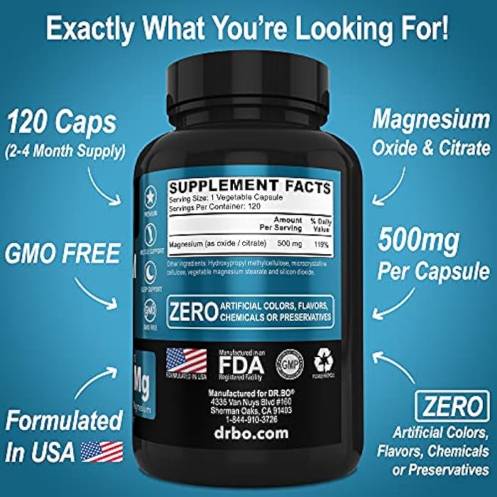dr.bo Magnesium Complex Supplement Capsules 500mg - Support Energy, Relaxation, Leg Cramps & Legs - Help Aid Muscle Support Supplements - High Absorption Premium Mag Citrate Oxide - 120 Capsules - Image 5