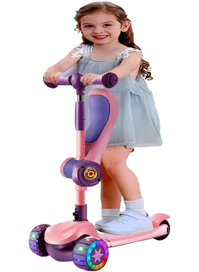 Entiq Toddler Scooter for Kids Ages 3-12 Years Old Boy Girl with 3 Wheel LED Lights, Extra-Wide Childrens Foldable Kick Scooter Kids Ages 3-12 with 4 Adjustable Height and Lean-to-Steer (Pink)