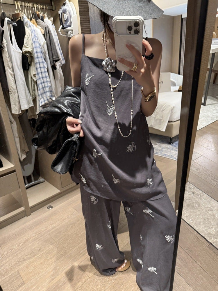 2026 Summer Heavy Beaded Embroidery Camisole Dress + Straight-Leg Pants Set for Women
