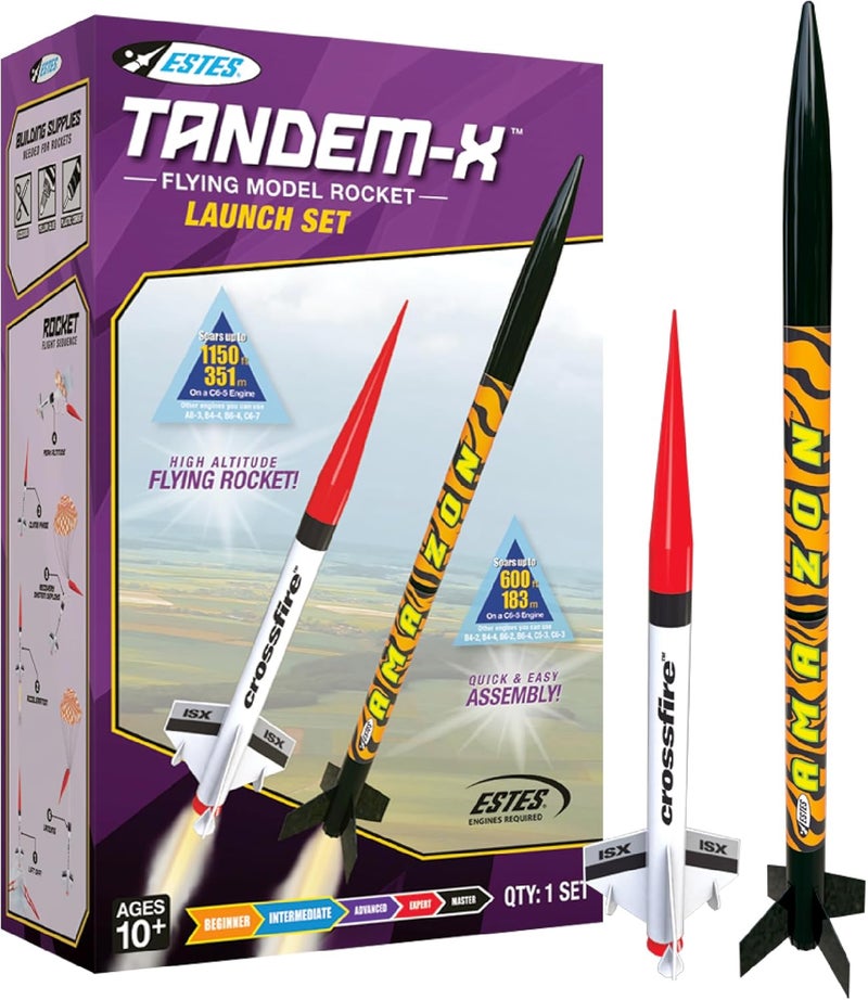 Estes Tandem-X Flying Model Rocket Launch Set with Amazon and Crossfire ISX Rockets - Orange, 30 Inches - Image 1