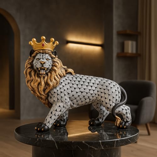 Xtore Regal Lion with Crown Figurine | Resin Home Decor Accent | Unique Art Piece for Living Room, Office, or Shelf | Symbol of Strength and Royalty | Luxurious Animal Décor - Image 1