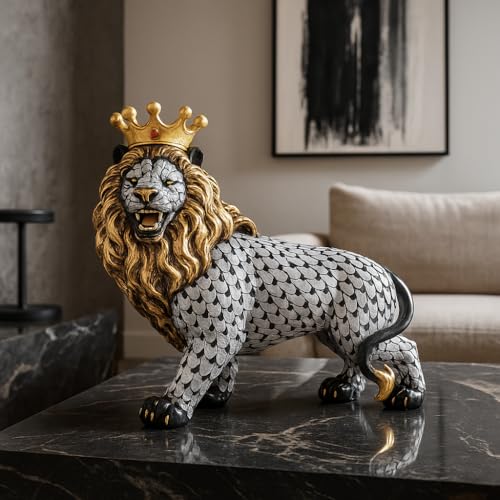 Xtore Regal Lion with Crown Figurine | Resin Home Decor Accent | Unique Art Piece for Living Room, Office, or Shelf | Symbol of Strength and Royalty | Luxurious Animal Décor - Image 3