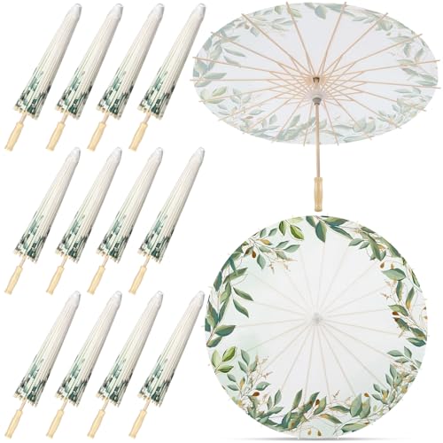 Lemosae 12 Pack Paper Umbrellas Bulk for Wedding 236 Chinese Japanese Parasol Vintage Decorative Sun Umbrella for Bridal Party Tea Eucalyptus Leaf - Image 1