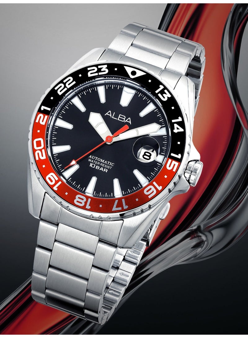 Alba Mechanical Automatic Men’s Watch AU4073X1, 43 mm Black Dial, Stainless Steel Case & Bracelet, Two-Way Rotating Bezel, 100 m WR - Image 1