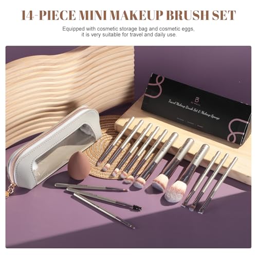 BS Mall Travel Makeup Brush Set BS-MALL 14 Pcs with 1 Pcs Makeup Sponge – Essential Foundation Powder Concealers, Eye Shadows, Blush Makeup Brushes with Travel Makeup Case (Champagne) - Image 2