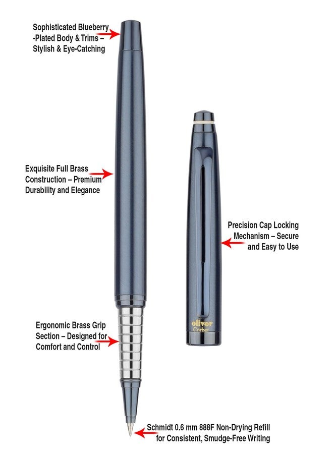 Oliver Corbet Matte Blueberry Roller Pen – Premium Brass Body, Ergonomic Grip, Schmidt 0.6 mm German Refill, Precision Cap Locking, Luxury Gift Box - Image 3
