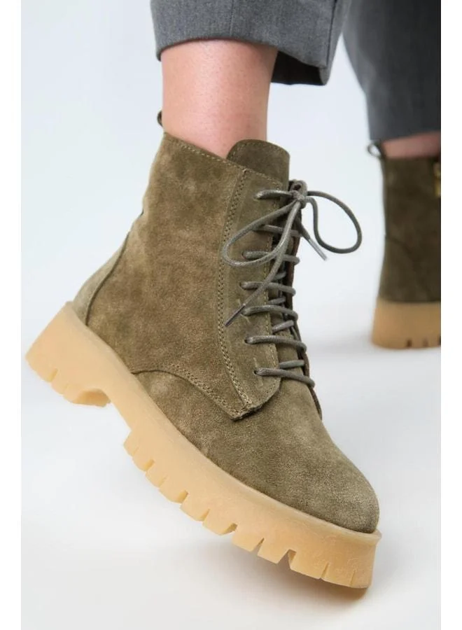(Viyan) Women's Real Leather Laced Inside Zippered Khaki Boot.
