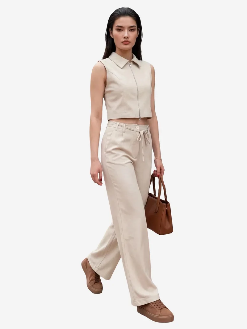 MY FASHION Beige Natural MY FASHION Sleeveless Zippered Vest & Wide Leg Pants Two-Piece Coord Set for Women | Best Price UAE
