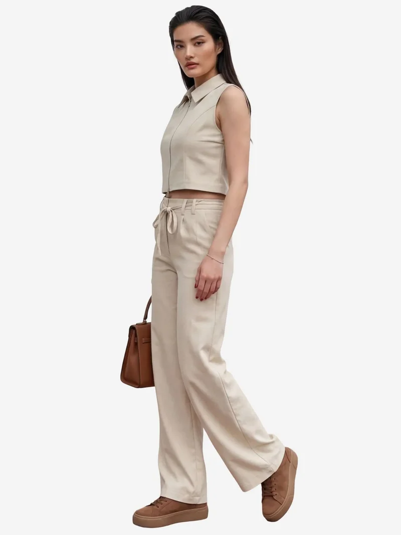 MY FASHION Beige Natural MY FASHION Sleeveless Zippered Vest & Wide Leg Pants Two-Piece Coord Set for Women | Best Price UAE