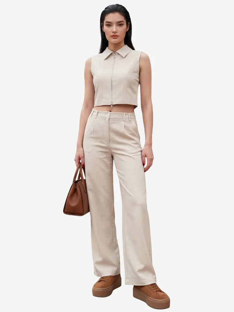 MY FASHION Sleeveless Zippered Vest & Wide Leg Pants Two-Piece Coord Set