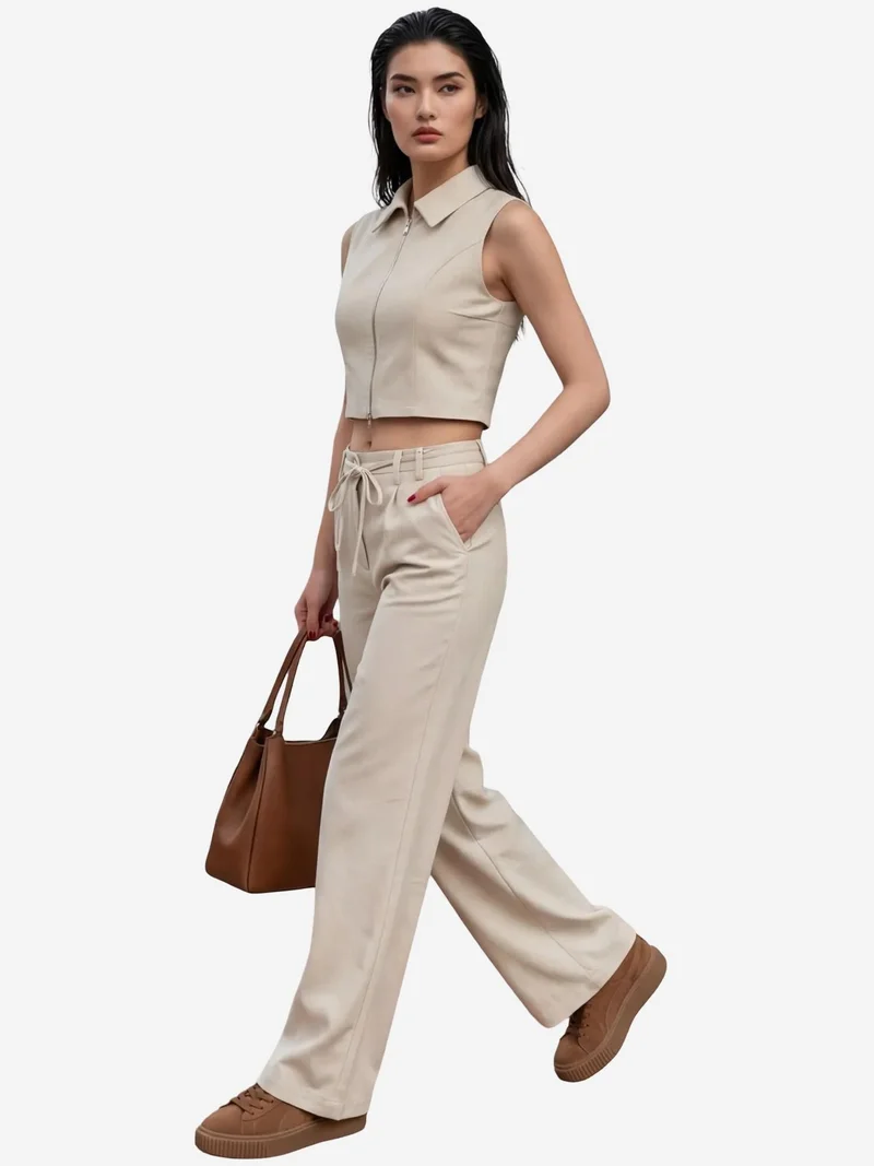 MY FASHION Beige Natural MY FASHION Sleeveless Zippered Vest & Wide Leg Pants Two-Piece Coord Set for Women | Best Price UAE