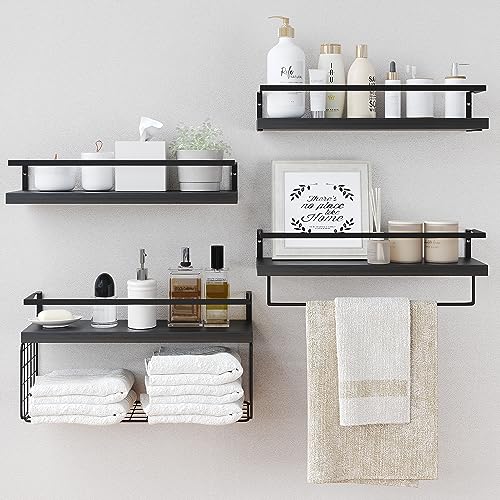 LUDORU Black Wood Floating Shelves Wall Mounted - 3+1 Tier Rustic Bathroom Wall Shelves Over Toilet with Wire Storage Basket and Towel Bar, set of 4 Farmhouse Floating Shelf for Bathroom, Kitchen, Bedroom. - Image 1