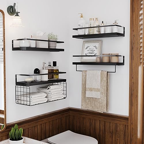 LUDORU Black Wood Floating Shelves Wall Mounted - 3+1 Tier Rustic Bathroom Wall Shelves Over Toilet with Wire Storage Basket and Towel Bar, set of 4 Farmhouse Floating Shelf for Bathroom, Kitchen, Bedroom. - Image 3