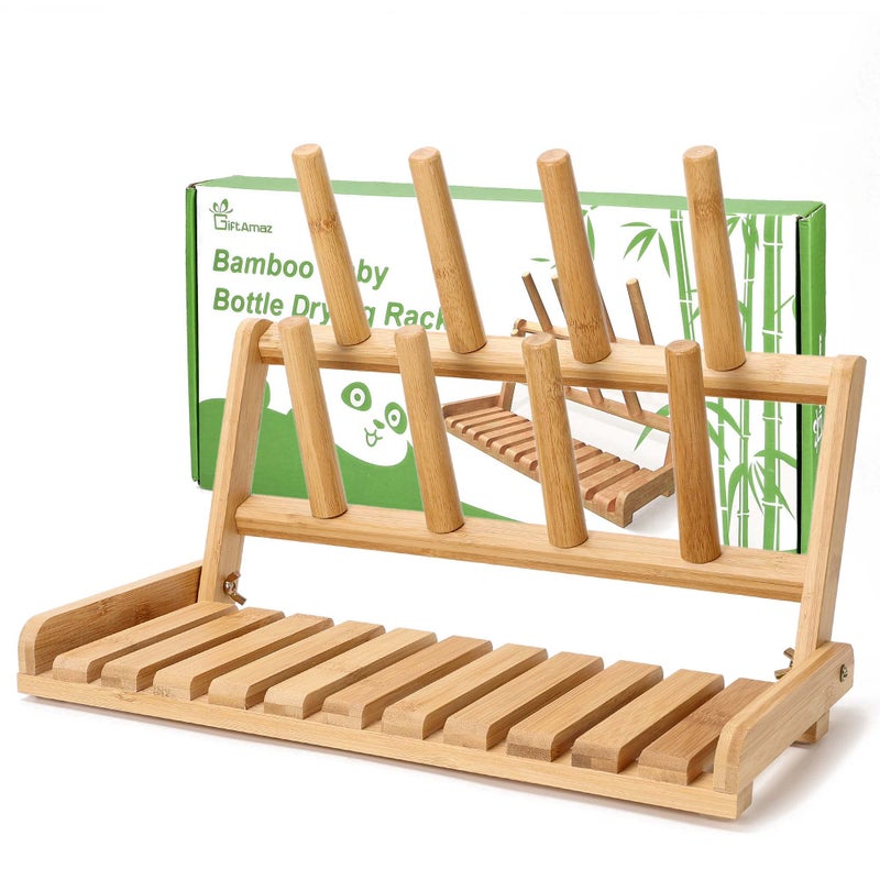 GiftAmaz Bamboo Baby Bottle Drying Rack, Space Saving Countertop Bottle Holder Portable Dryer Rack Organizer for Baby Bottles, Cups, Pacifiers and Accessories, Birthday Box for Women Mother Mom - Image 1