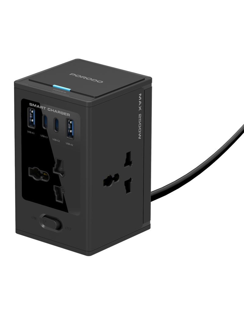 porodo Universal GaN Multi Port Cube Adapter with 4 AC Sockets / Dual USB-C & USB-A Ports / PD 30W Fast Charging / Charge Multi Devices at Same Time / 2500W Rated Power - Black - Image 1