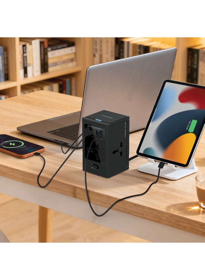 porodo Universal GaN Multi Port Cube Adapter with 4 AC Sockets / Dual USB-C & USB-A Ports / PD 30W Fast Charging / Charge Multi Devices at Same Time / 2500W Rated Power - Black - Image 2