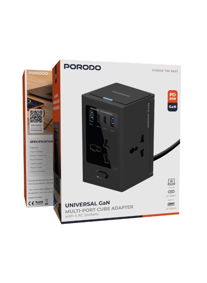 porodo Universal GaN Multi Port Cube Adapter with 4 AC Sockets / Dual USB-C & USB-A Ports / PD 30W Fast Charging / Charge Multi Devices at Same Time / 2500W Rated Power - Black - Image 5