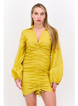 FEMME LUXE Women Plain Ruched Mini Dress, Yellow 