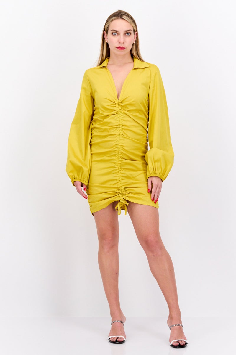 FEMME LUXE Women Plain Ruched Mini Dress, Yellow - Image 2