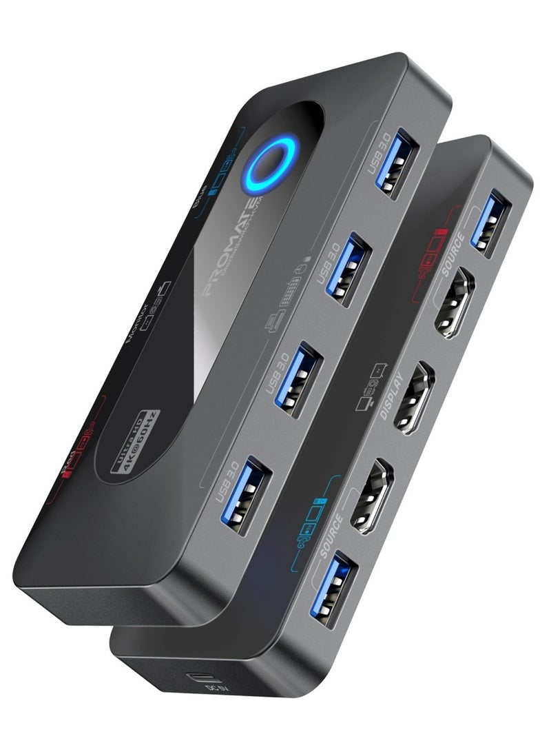 بروميت محدد مفتاح KVM مع موزع USB، أربعة منافذ إخراج USB-A 3.0 بسرعة 5 جيجابت في الثانية يتم تحويلها إلى المدخل المحدد، مدخلين HDMI بدقة 4K، مخرج HDMI، زر تبديل الإدخال، كابلات متضمنة | MediaSwitch-KVM - Image 1