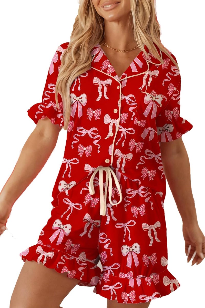 KevaMolly Womens Lounge Sets Floral Bow Printed Pocketed Knotted PJ Set Short Sleeve Xmas Top and Shorts Red Bowknot M - Image 1