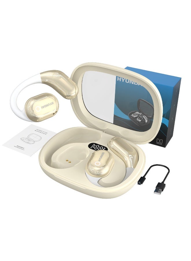 هيونداي سماعات أذن TWS بلوتوث مع مترجم الذكاء الاصطناعي وشاشة تعمل بالطاقة وخفض الضوضاء، سماعة رأس رياضية لاسلكية معلقة على الأذن - ذهبية - Image 1