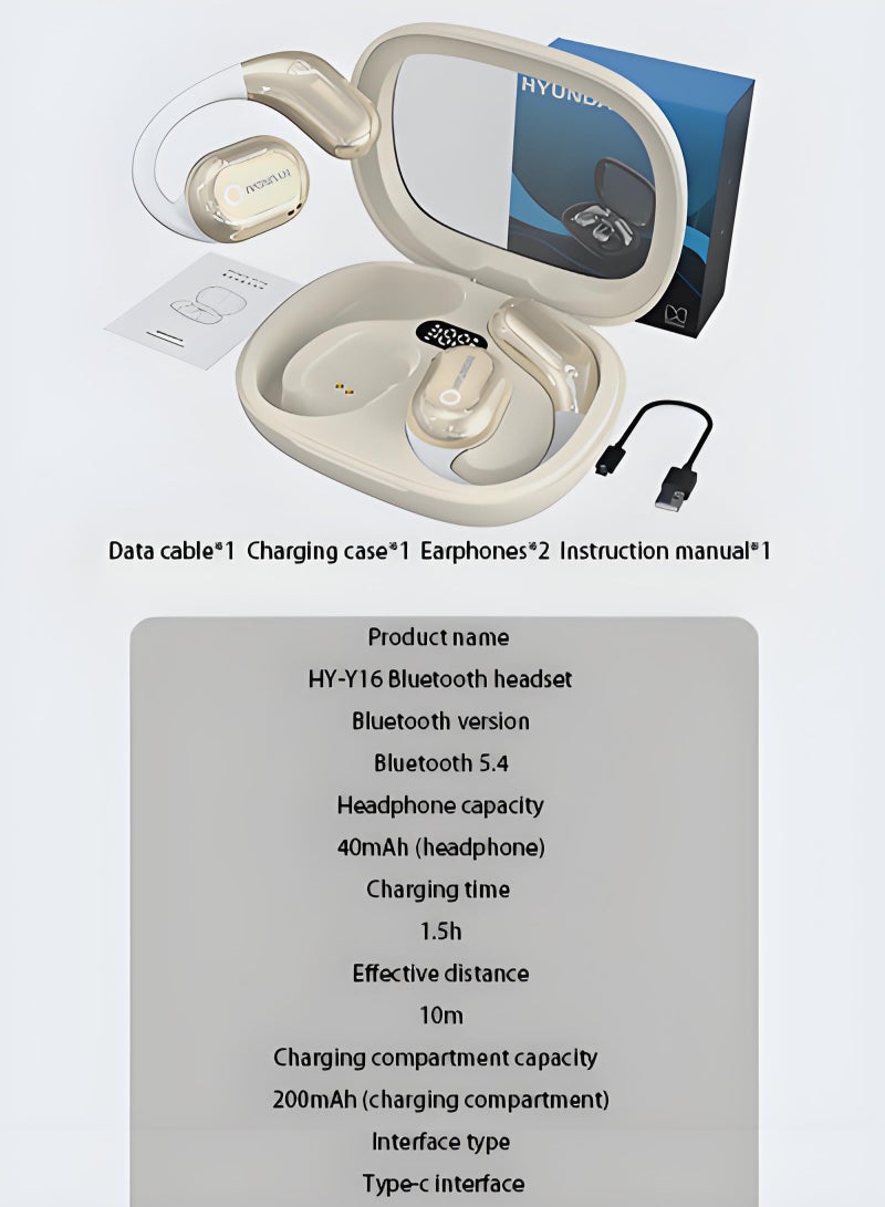 هيونداي سماعات أذن TWS بلوتوث مع مترجم الذكاء الاصطناعي وشاشة تعمل بالطاقة وخفض الضوضاء، سماعة رأس رياضية لاسلكية معلقة على الأذن - ذهبية - Image 4